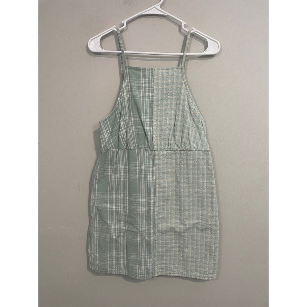 NWT American Eagle Seersucker Plaid Green Colorblock High Neck Mini Dress Size M